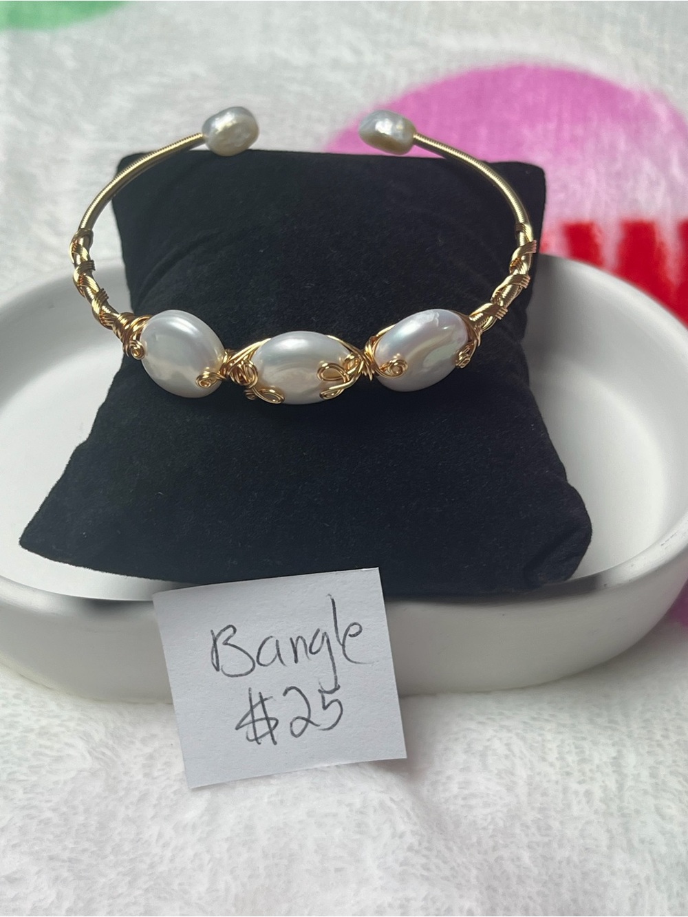 Gold Pearl Accent Open Bangle Bracelet - White Pearls